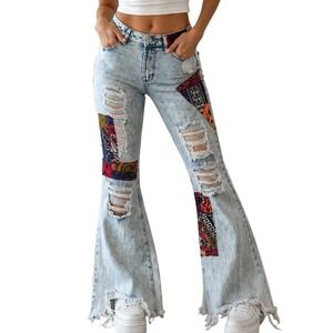 Almost Famous VTG Flare Jeans 9 Acid Wash Patchwork Distressed Hem Boho Indie